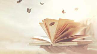 Livro aberto com folhas voando e borboletas em cima delas