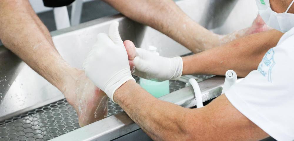 voluntário lavando pés de peregrino