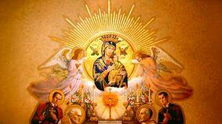 Imagem do Ícone de Nossa Senhora do Perpetuo Socorro com Santo Afonso, santos redentoristas e anjos