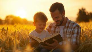 pai e filho lendo a biblia em um campo