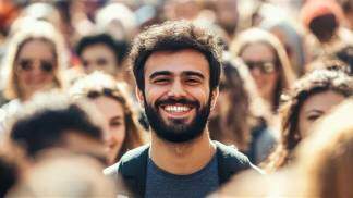 homem sorrindo enquanto anda numa multidão