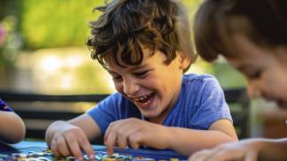 Criança com autismo brincando e sorrindo