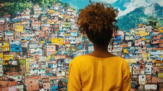 mulher de costas diante de uma favela - desigualdade social