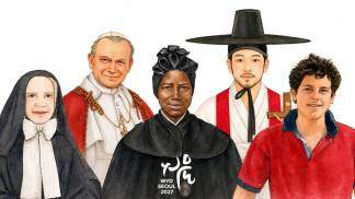 santos patronos da JMJ Seul 2027: Santa Francisca Xavier Cabrini, São João Paulo II, Santa Josefina Bakhita, Santo André Kim Taegon e São Carlo Acutis