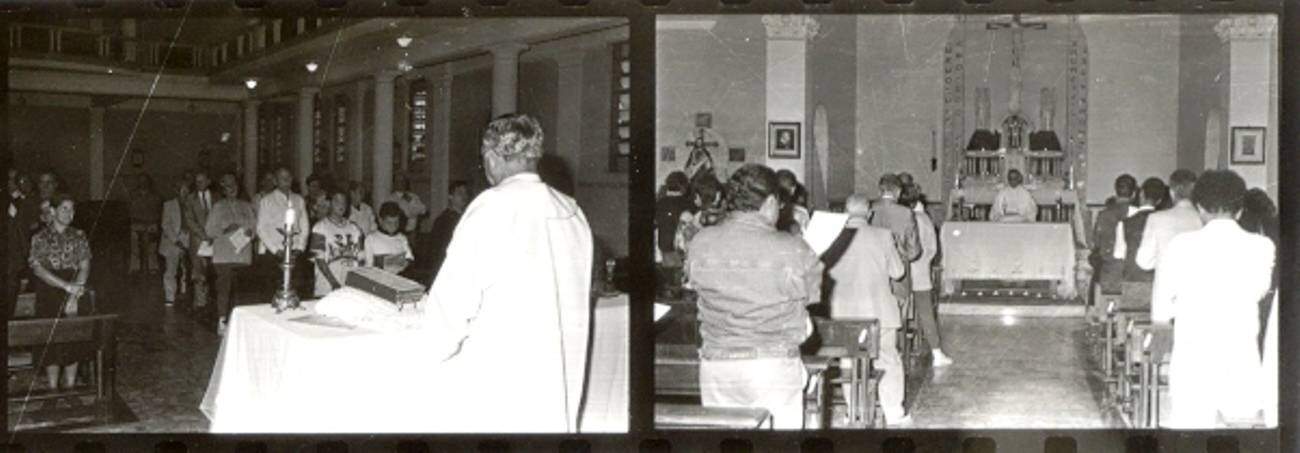 Confraternização de funcionários com padre Rubem Leme em 25 de junho de 1994