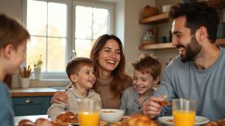 Família sorrindo tomando café da manhã na mesa