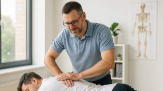 Fisioterapeuta com a mão nas costas do paciente
