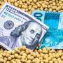 dólar e real sobre grãos de soja, conceito de impostos de importação, tarifaço