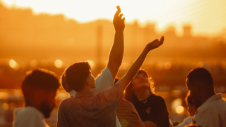 Amigos celebrando no por do sol