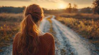 Mulher ruiva olhando para um caminho distante