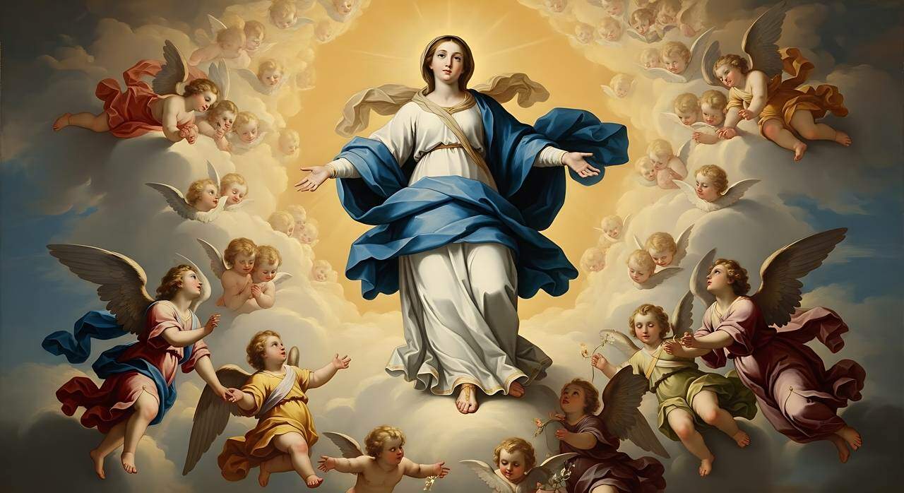 Obra retratando a Assunção da Bem-Aventurada Virgem Maria, cercada por anjos e nuvens celestiais 