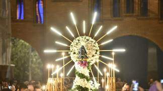 carro andor de nossa senhora com rosas brancas e raios de luz