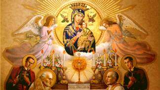 Imagem do Ícone de Nossa Senhora do Perpetuo Socorro com Santo Afonso, santos redentoristas e anjos